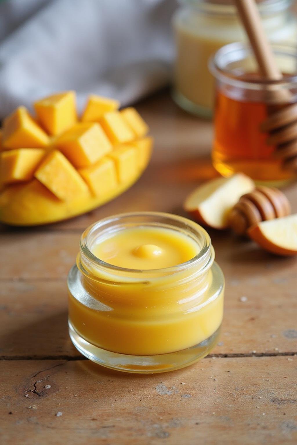 Homemade mango honey flavored lip balm in a glass jar with mango slices and honey on a wooden surface
