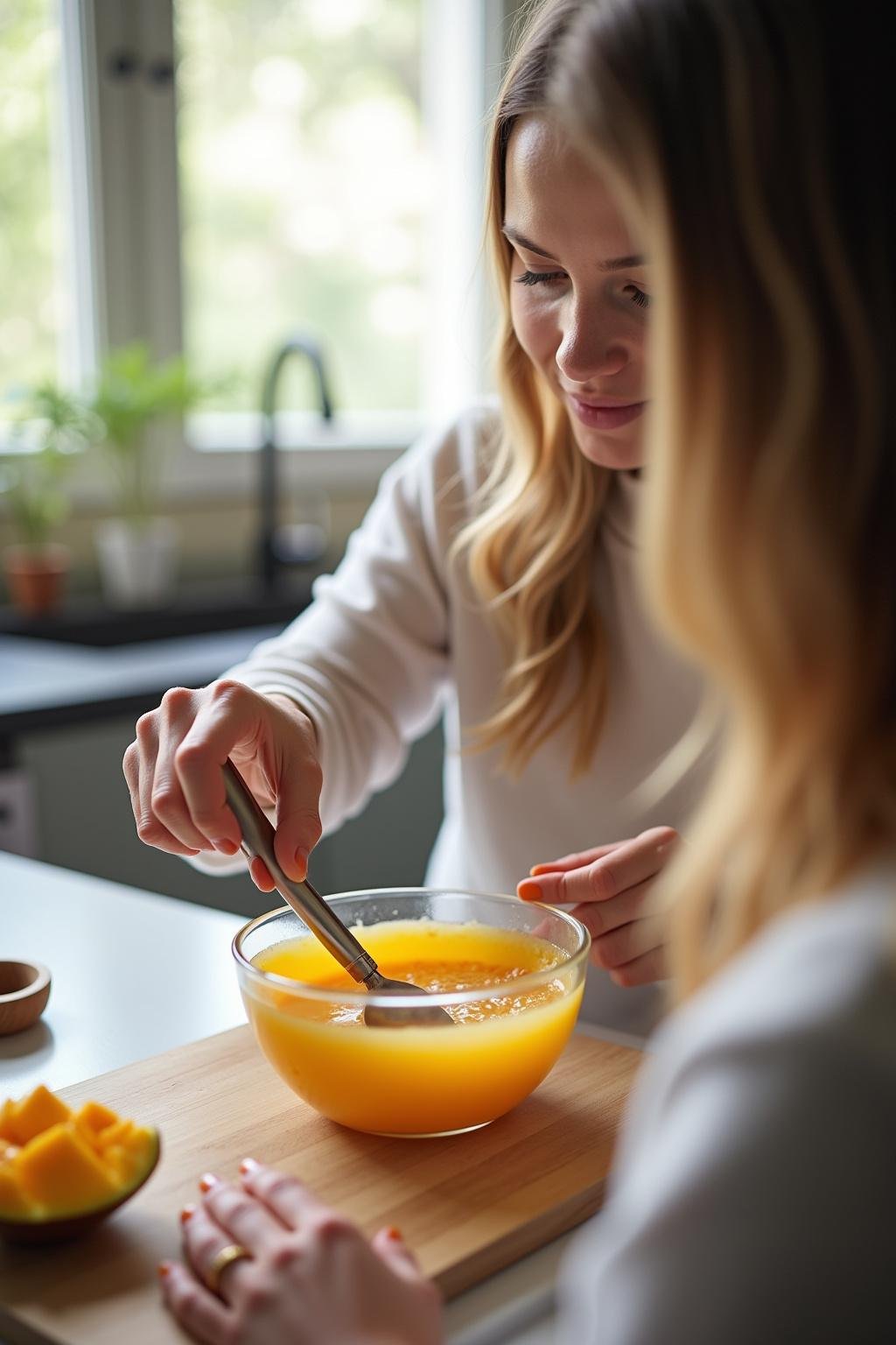 Cooking process for homemade mango honey lip balm with a person mixing ingredients in a kitchen
