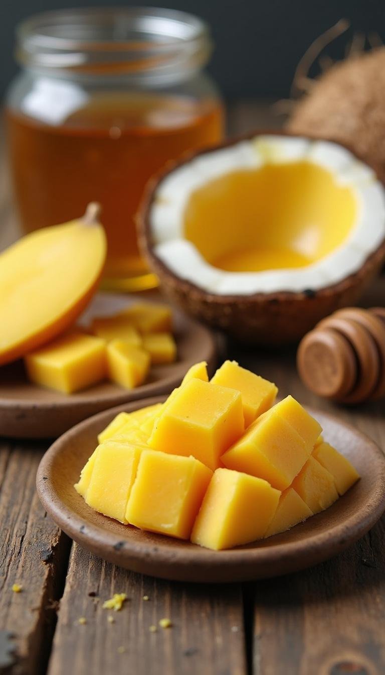 Natural ingredients for mango honey flavored lip balm: mango, honey, beeswax, and coconut oil displayed on a wooden surface