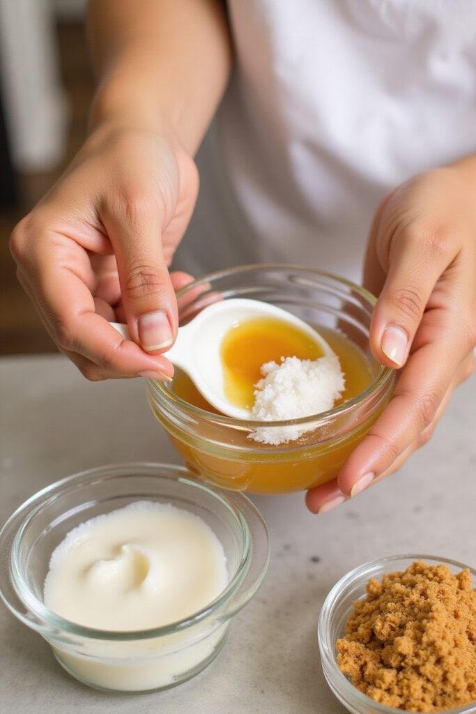 Hands preparing a homemade lip scrub using honey, sugar, and coconut oil in a small bowl for a DIY project.
