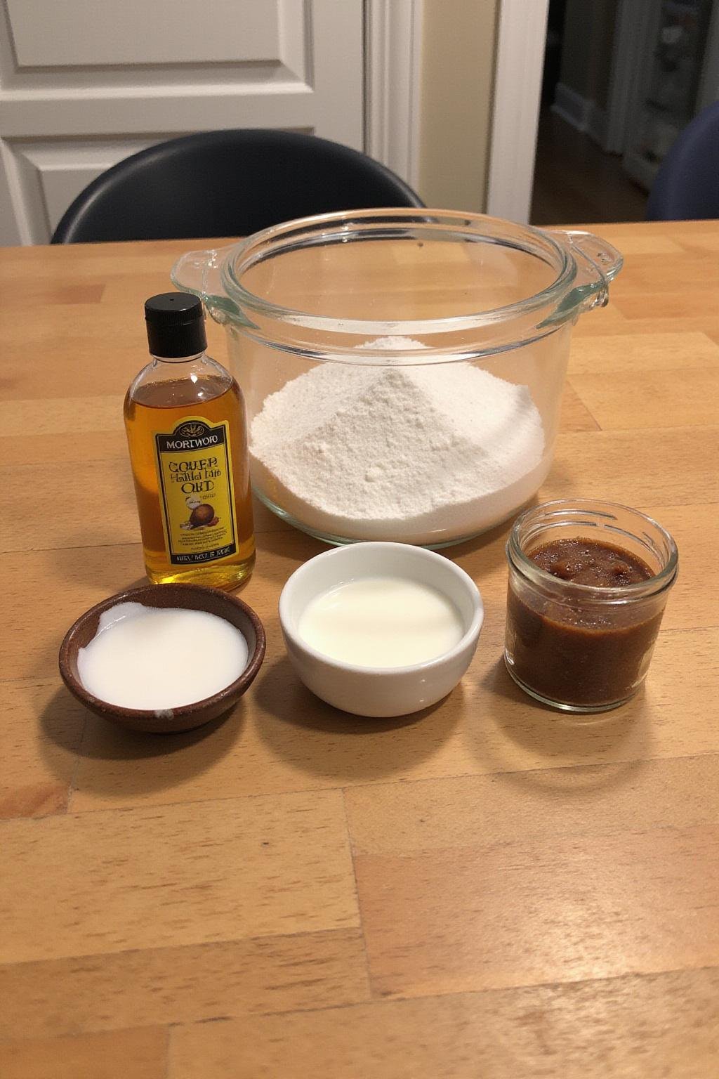 Ingredients for making a DIY lip scrub, including sugar, honey, and coconut oil, arranged on a wooden surface.
