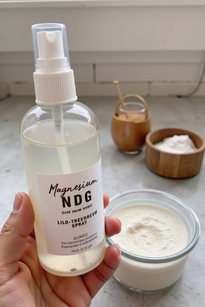 Close-up of a person holding a homemade magnesium deodorant spray in a spray bottle