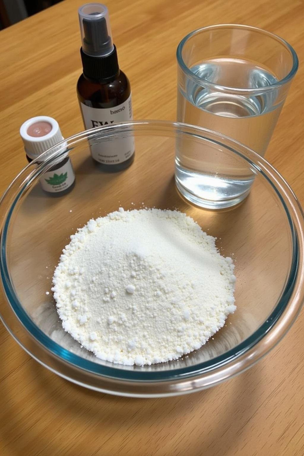 Photo of natural ingredients used to make DIY magnesium deodorant spray on a wooden surface