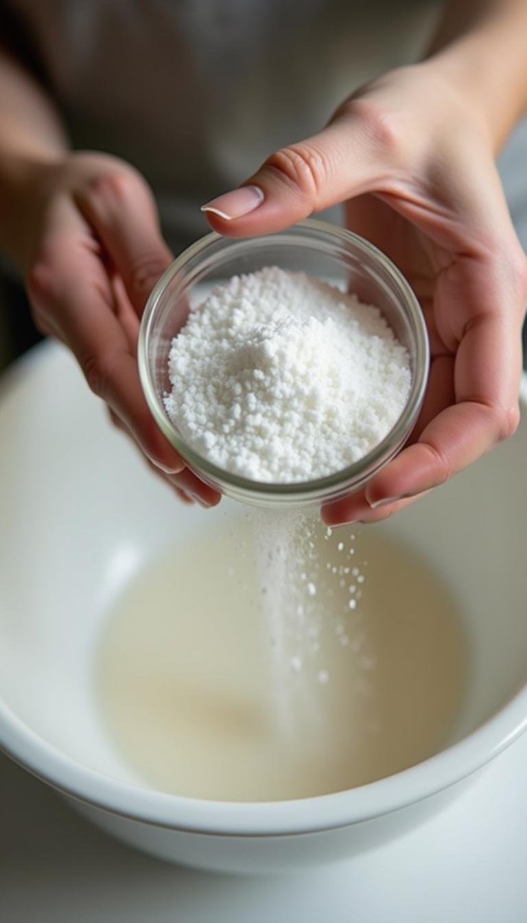 Hands mixing magnesium flakes into water to prepare DIY deodorant spray