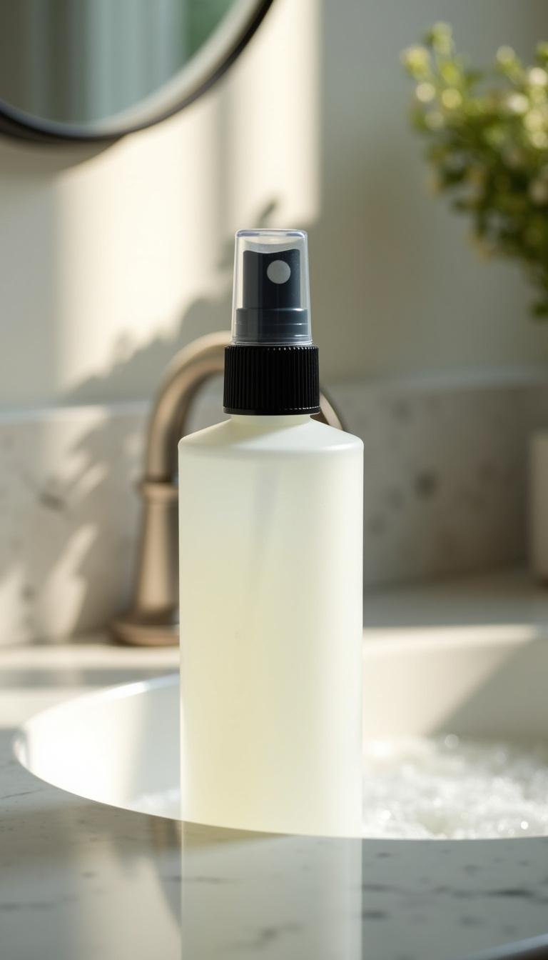 A clear spray bottle of homemade magnesium deodorant spray on a bathroom counter