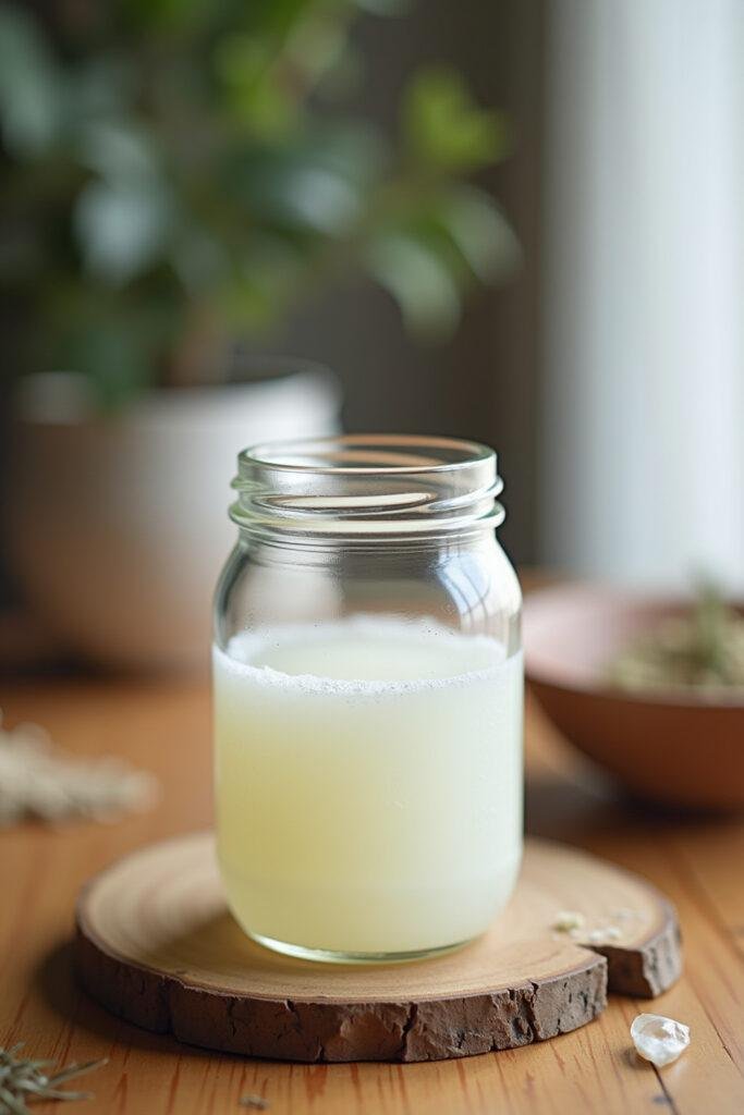 Close-up of DIY magnesium lotion in a glass jar with natural herbs and oils on a wooden table