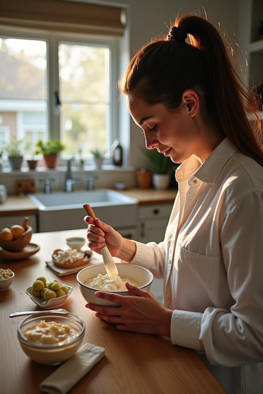Person preparing homemade magnesium lotion with oils and magnesium powder in a kitchen setting