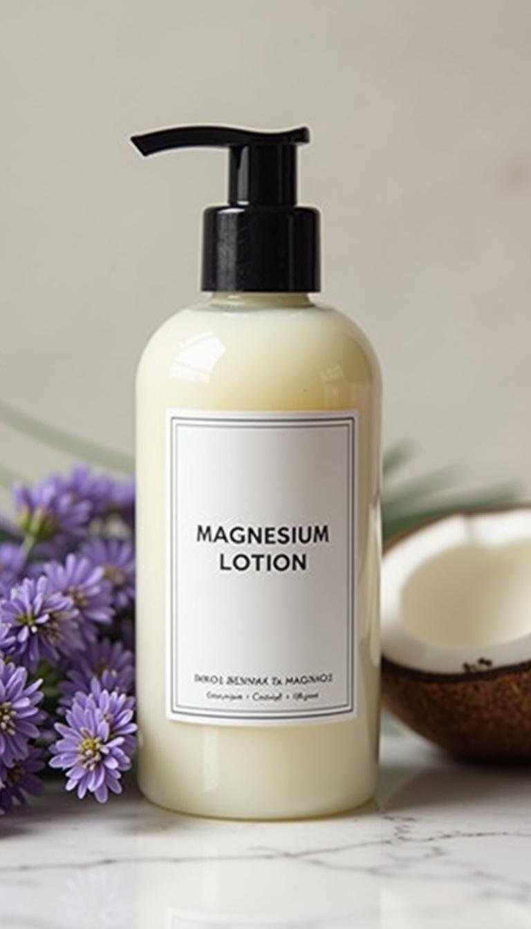 Finished homemade magnesium lotion bottle with natural herbs and oils around it on a clean surface
