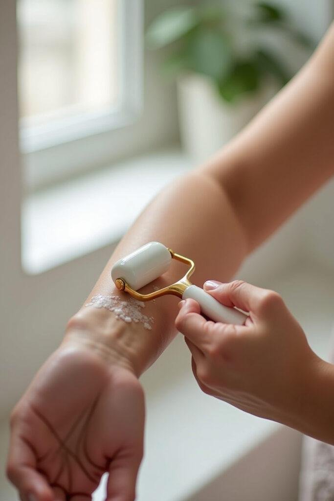 Person using a magnesium oil roller on their arm to promote relaxation and muscle relief