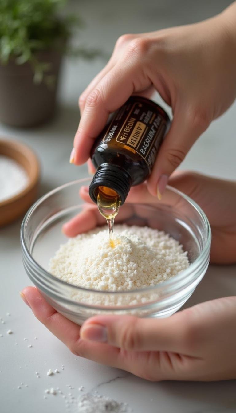 Mains préparant des huiles essentielles et des flocons de magnésium pour de l'huile de magnésium maisonnée dans un bol en verre