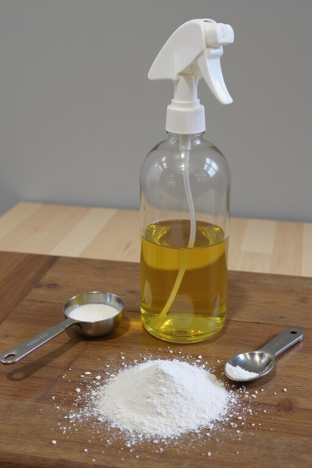 Homemade magnesium oil spray in a glass bottle with magnesium flakes and a measuring spoon on a wooden table