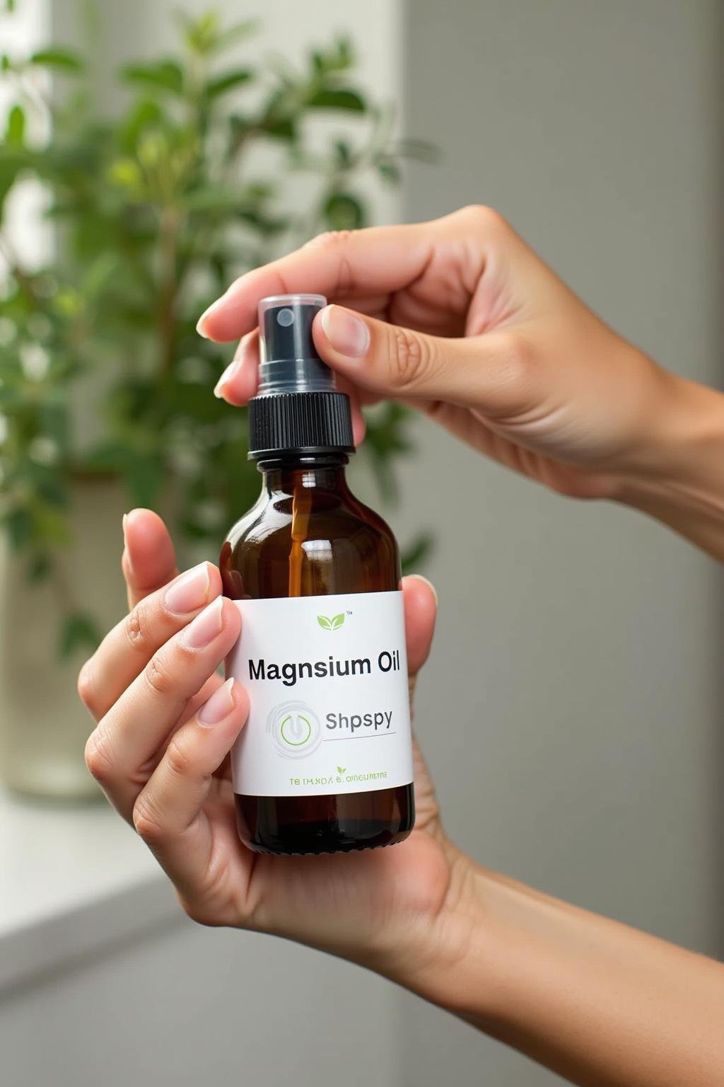 Hand spraying magnesium oil from a homemade spray bottle in a natural setting