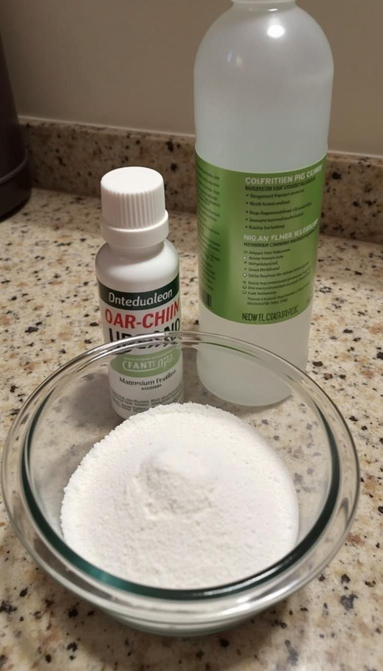Magnesium flakes, distilled water, and a mixing bowl prepared for making magnesium oil spray