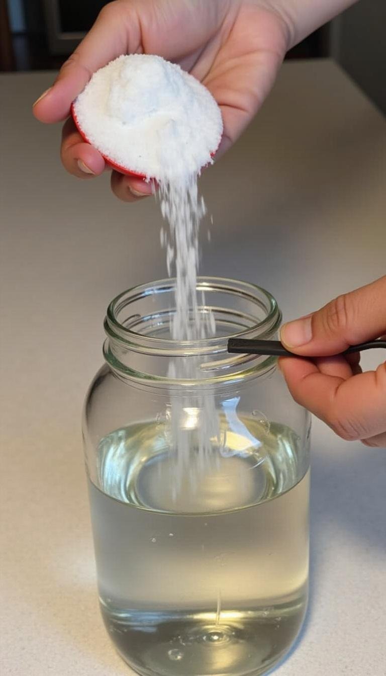 Person mixing magnesium flakes with water to create homemade magnesium oil spray