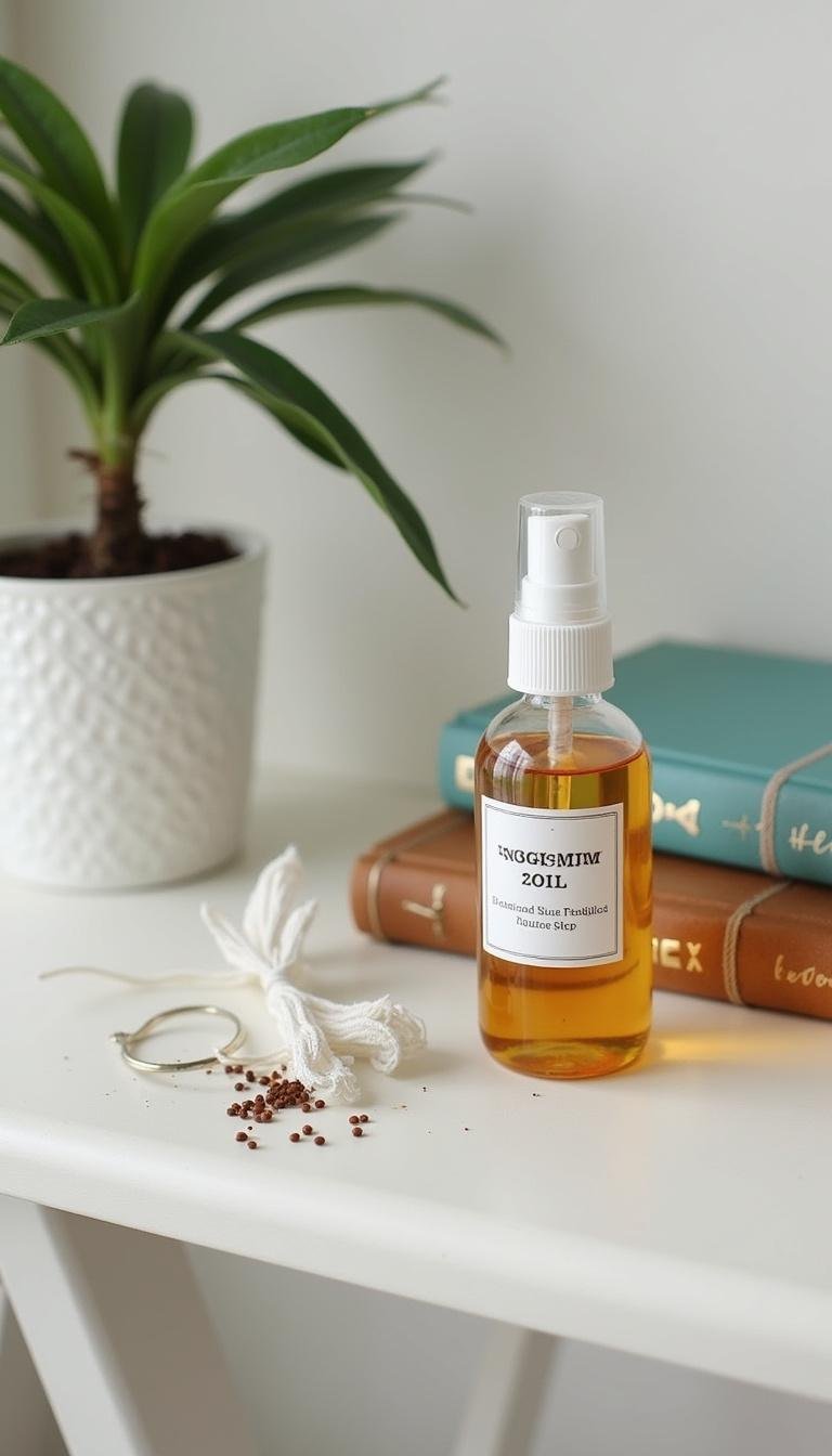 Homemade magnesium oil spray in a decorative bottle with wellness journal and plant in the background