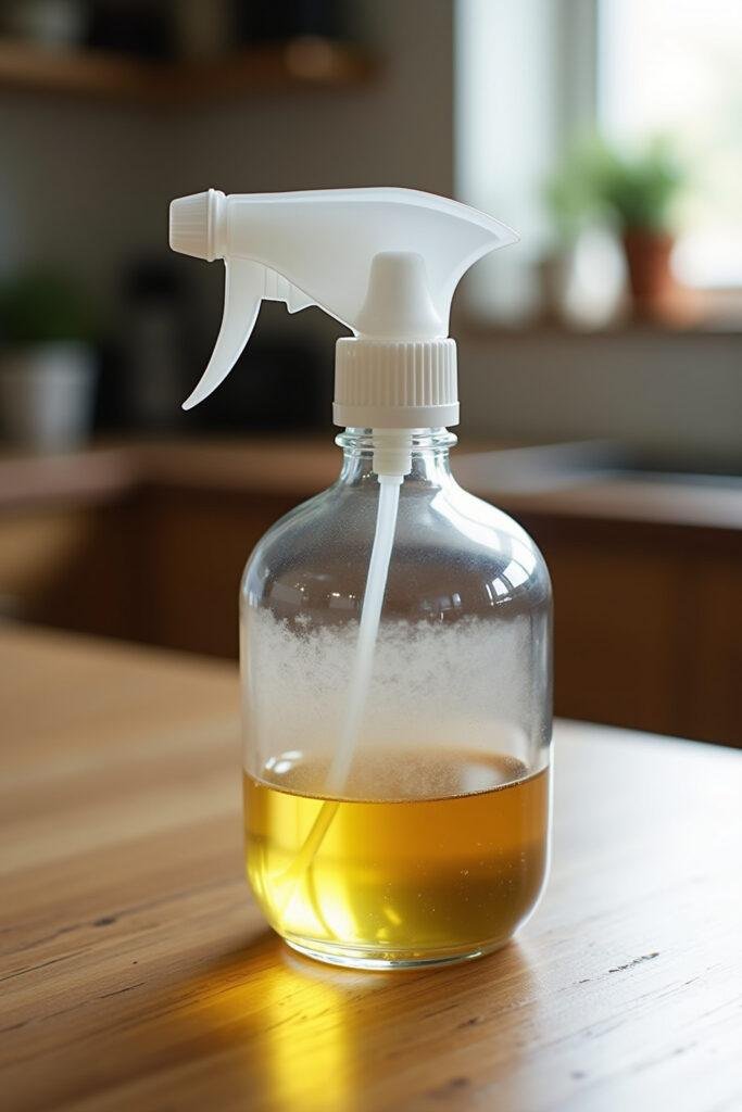 Homemade magnesium spray in a glass bottle placed on a wooden countertop for DIY health remedies