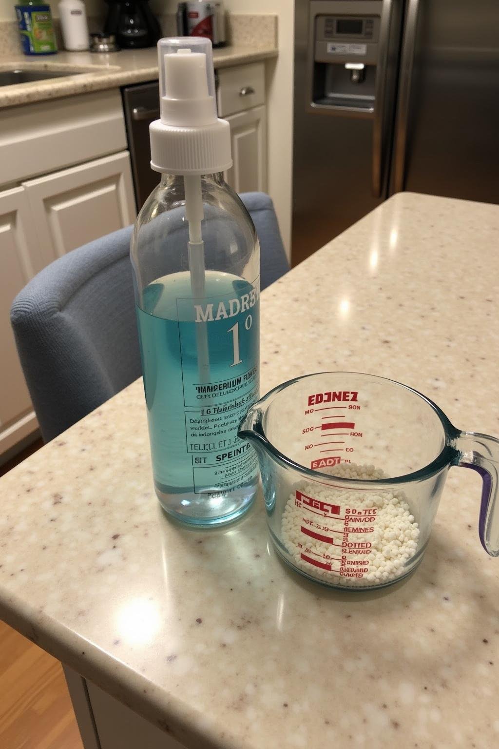 Magnesium flakes and distilled water set out on a kitchen table as ingredients for homemade magnesium spray