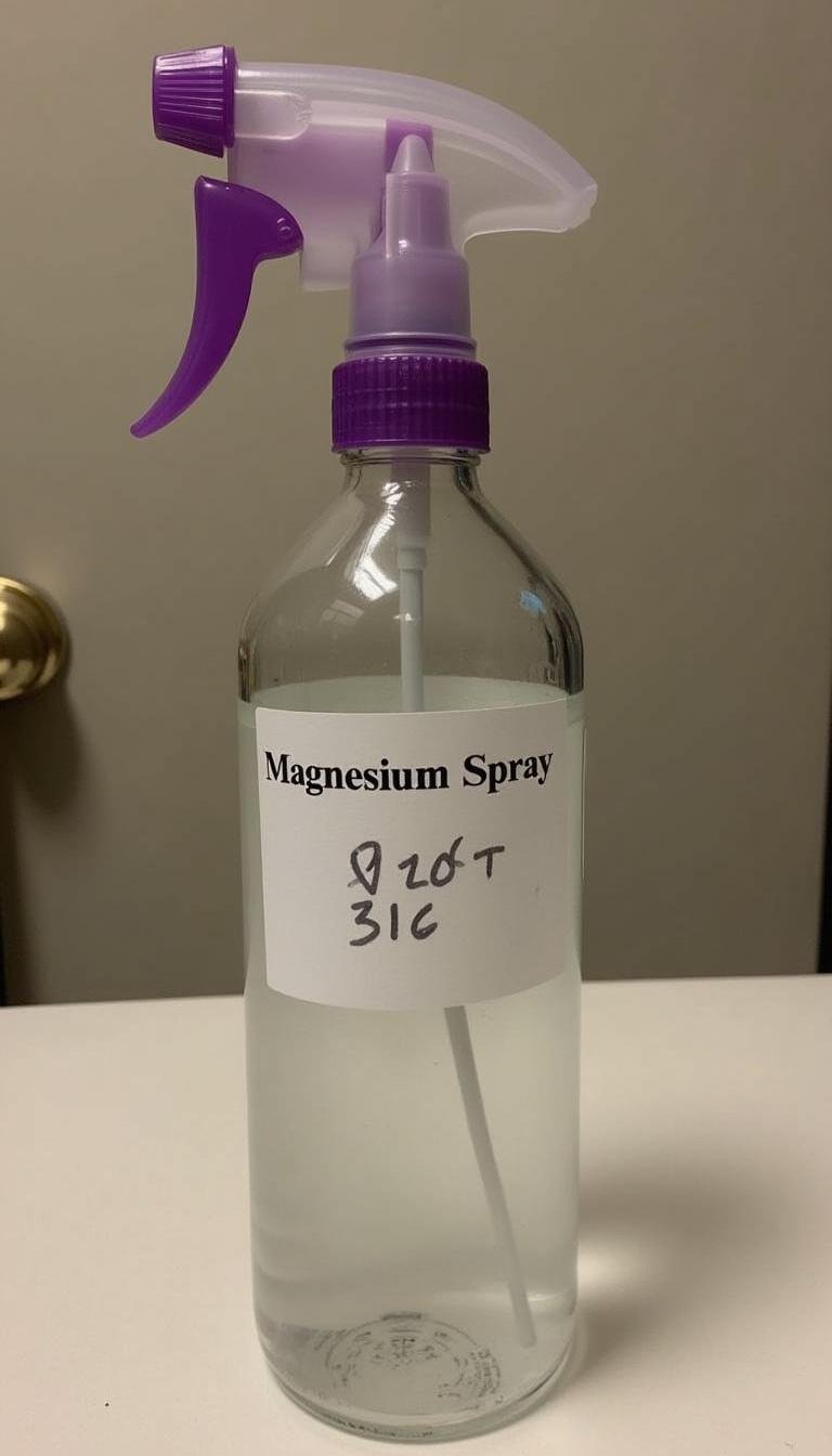 Completed homemade magnesium spray in a glass spray bottle ready for use
