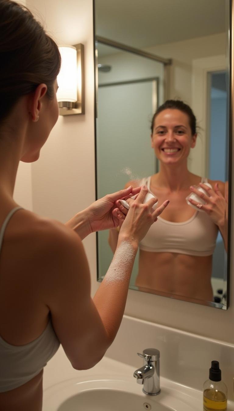 Person spritzing magnesium spray on arms in a bathroom for muscle relaxation and health benefits
