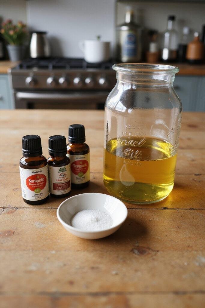 Ingredients for DIY massage oil recipe on a wooden table, including essential oils, carrier oils, and a glass jar