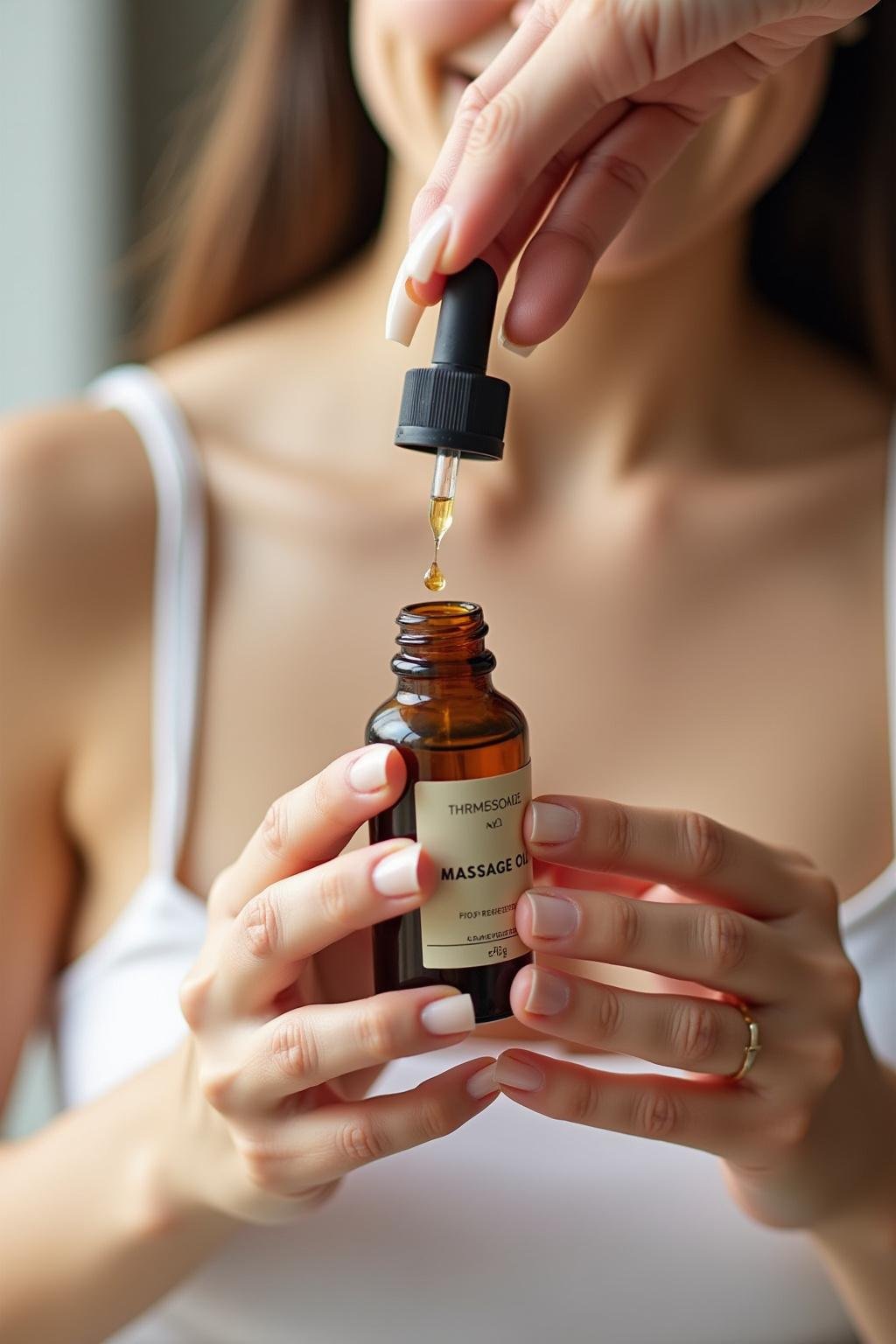 Close-up of a hand adding essential oil to a glass bottle for homemade massage oil