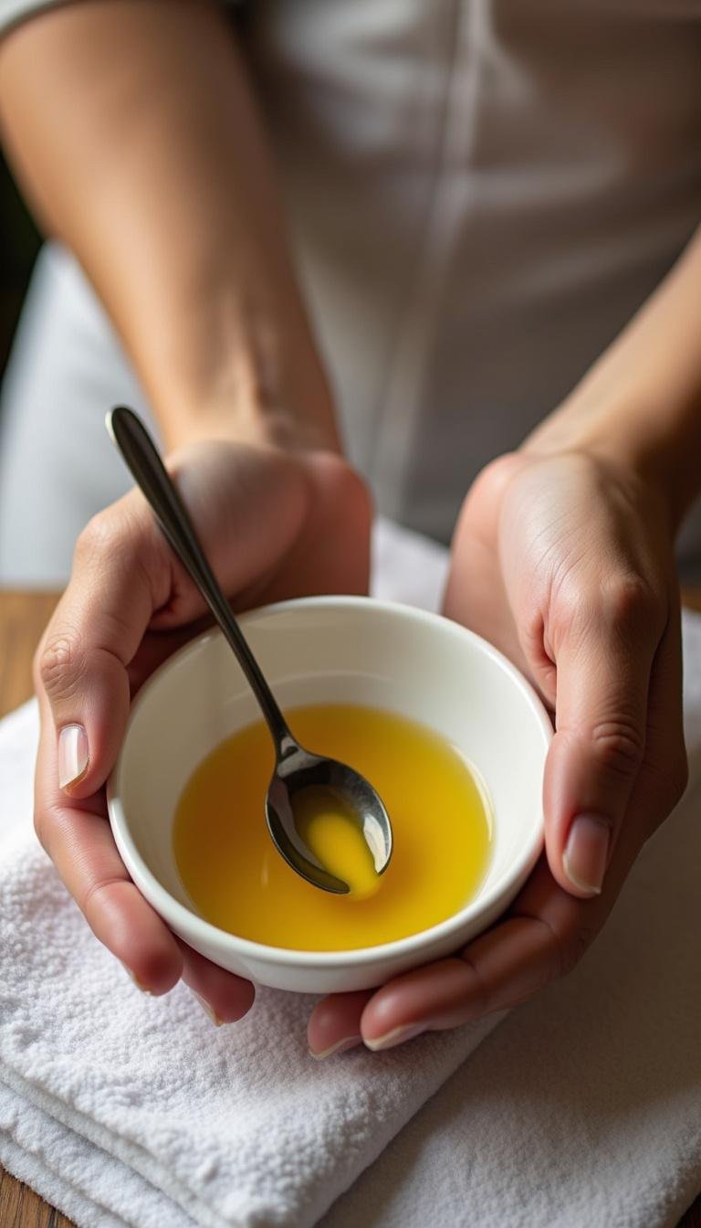 Person mixing carrier and essential oils in a small bowl to create DIY massage oil