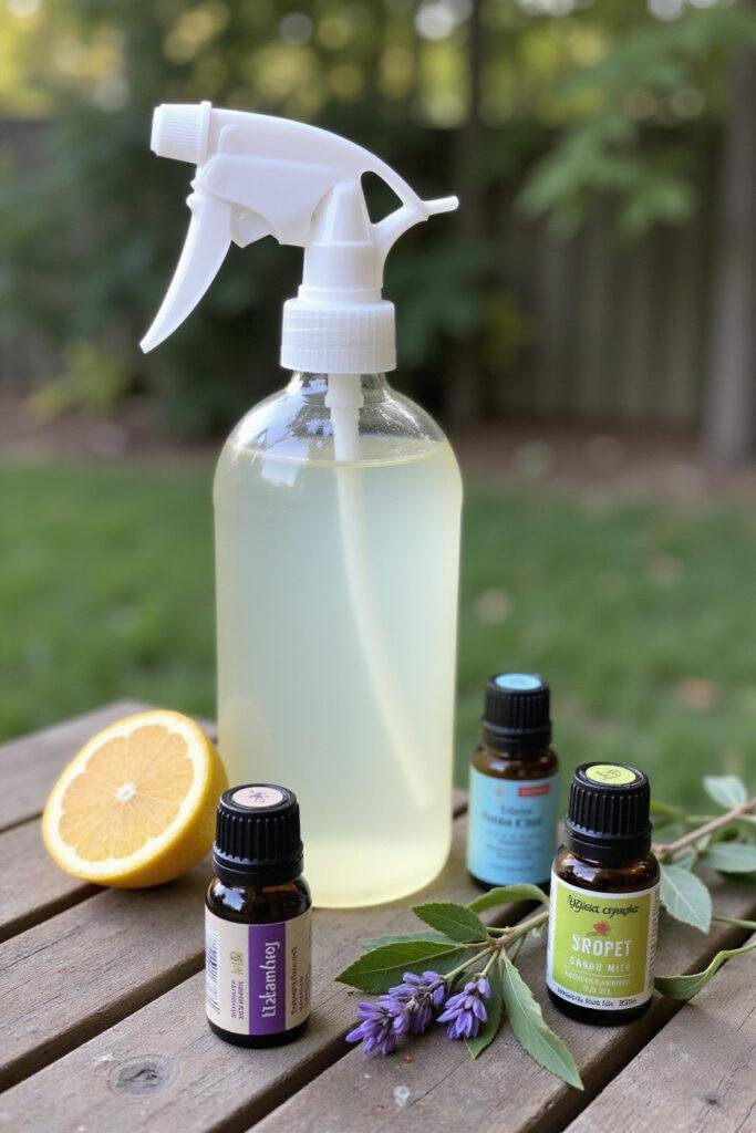 Homemade natural bug repellent spray in a glass bottle with essential oils and plant ingredients on a wooden surface.