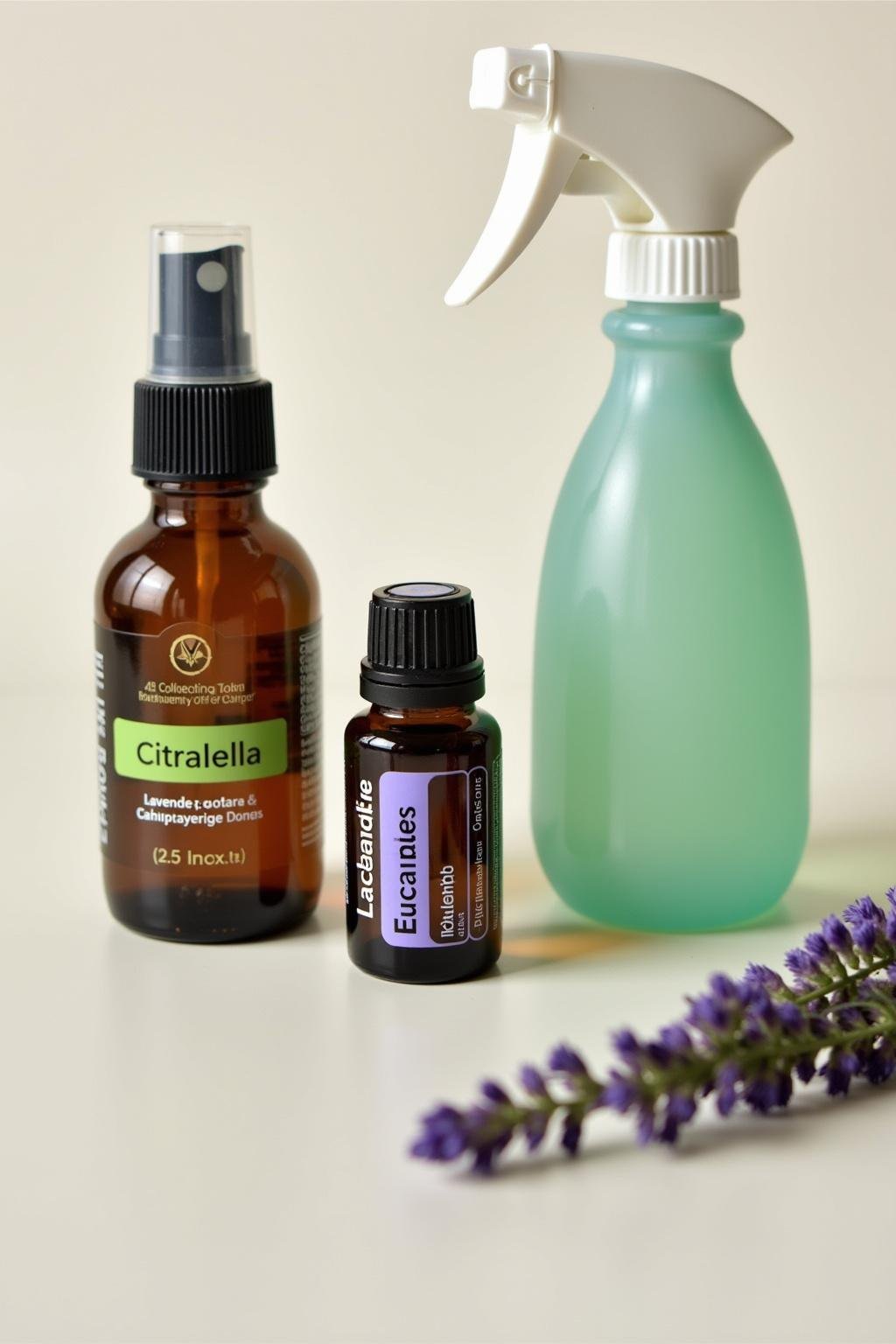 Essential oils of citronella, lavender, and eucalyptus with a spray bottle, used for making natural bug repellent.