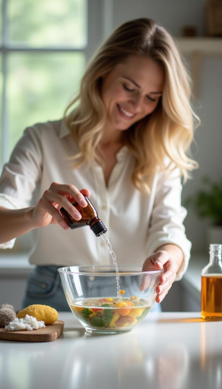Woman preparing natural bug spray using essential oils and water in a kitchen setting.
