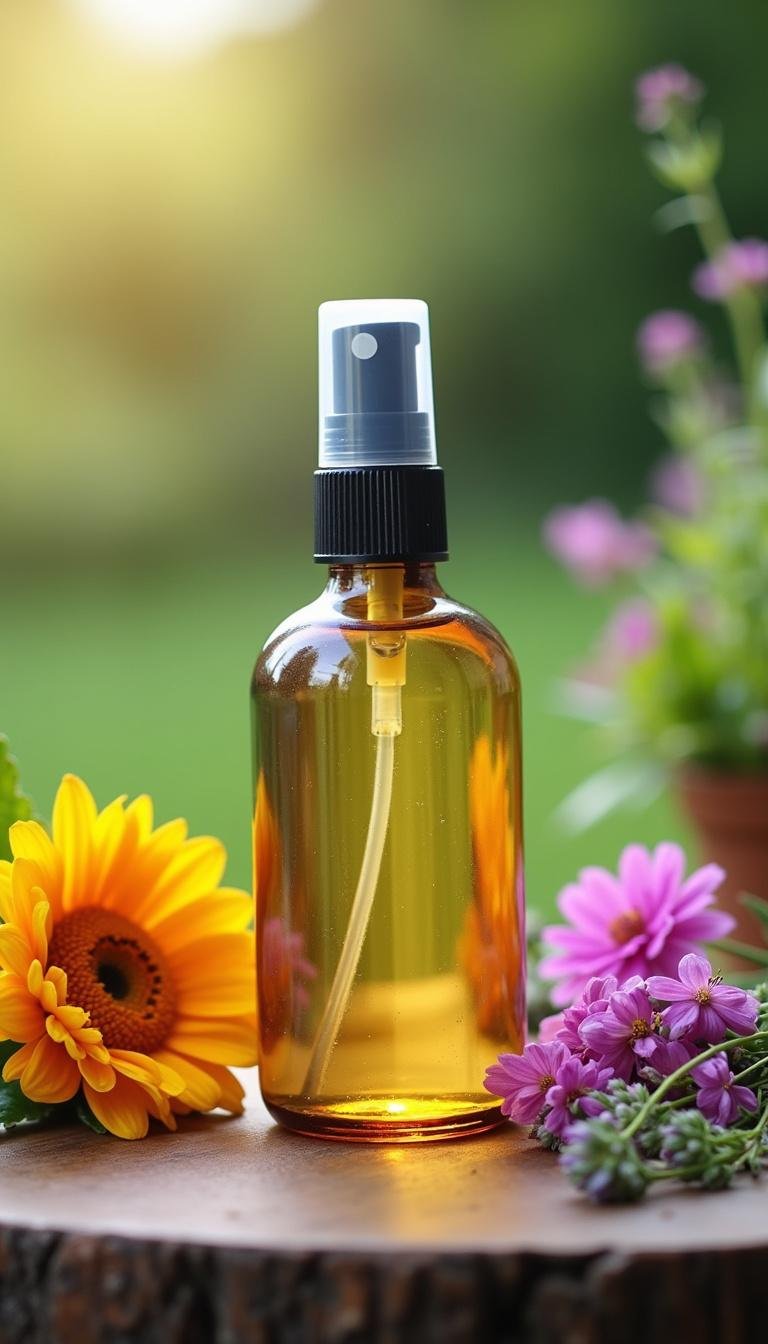 Homemade natural bug spray bottle outdoors in a garden with flowers and herbs, ready to use.