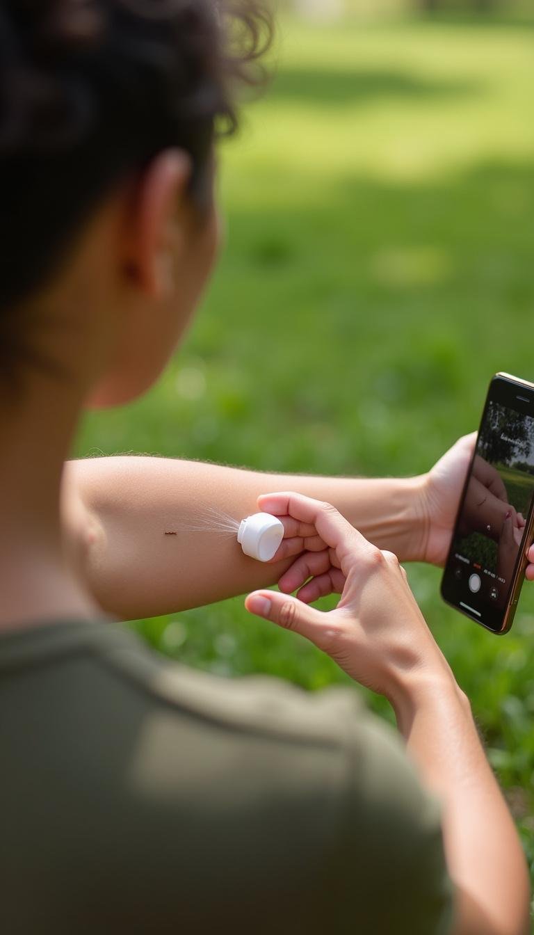 Individual using homemade natural bug repellent spray on skin in a lush outdoor environment.