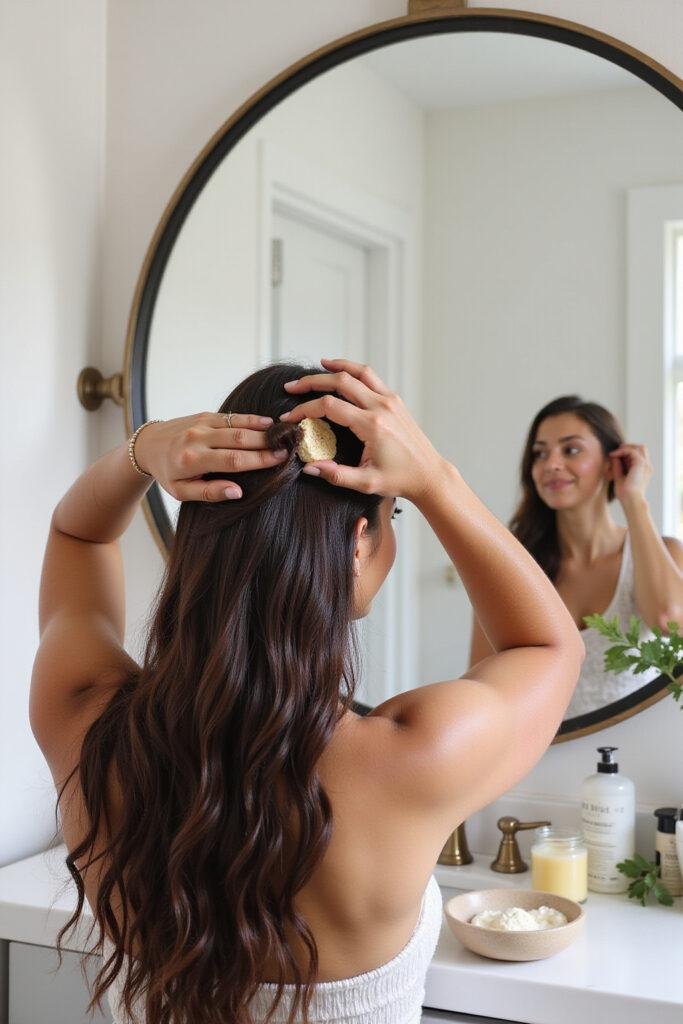 Woman gently massaging her scalp with a DIY natural scalp scrub to promote healthy hair and scalp