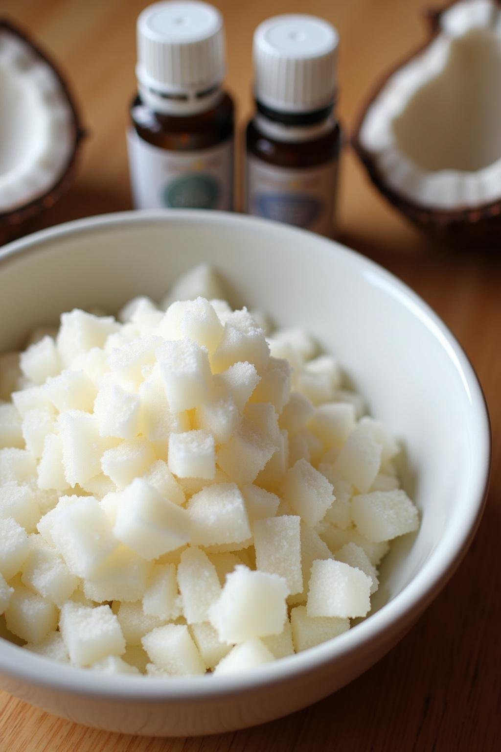 Homemade scalp scrub ingredients like sugar, coconut oil, and essential oils in a glass bowl for hair care