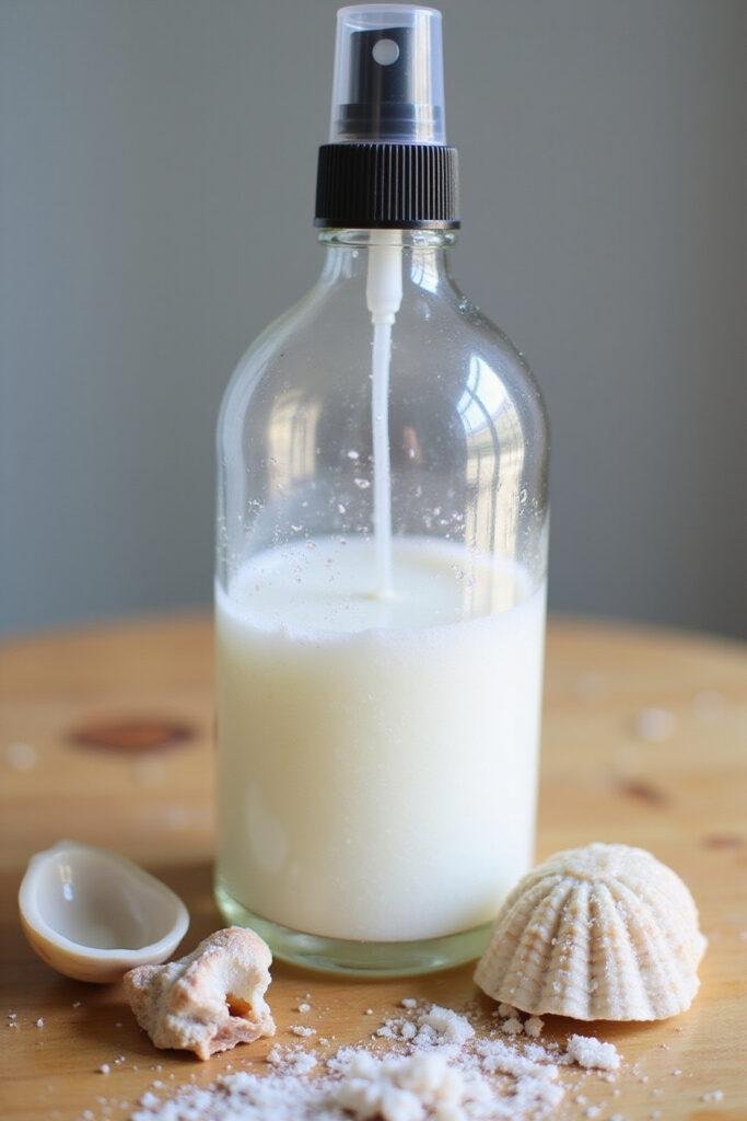 A glass spray bottle containing homemade sea salt hair spray on a wooden surface with beach accessories