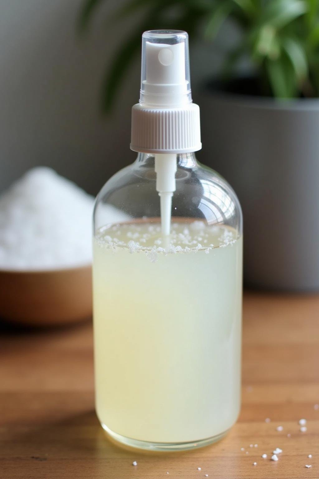 Close-up of a glass spray bottle containing DIY sea salt hair spray on a wooden surface