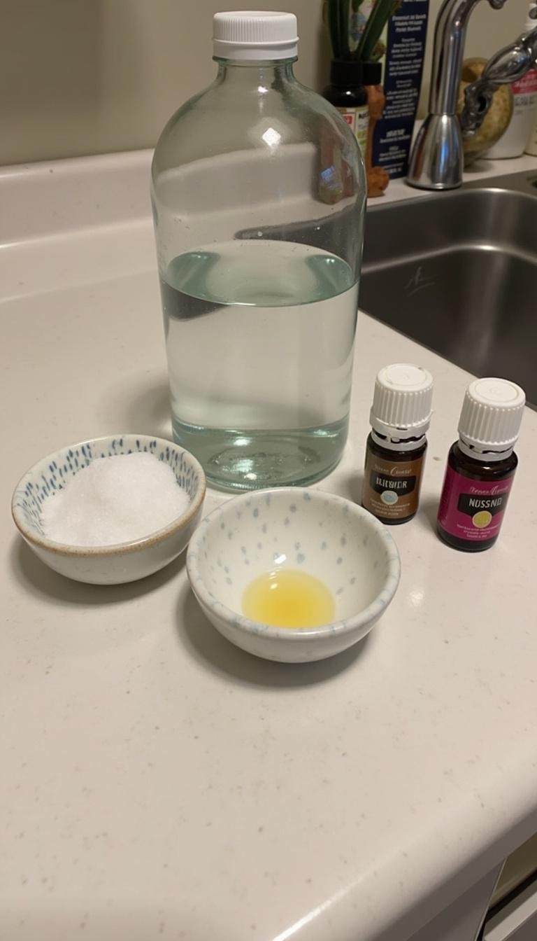 Ingredients for homemade sea salt hair spray displayed on a kitchen countertop