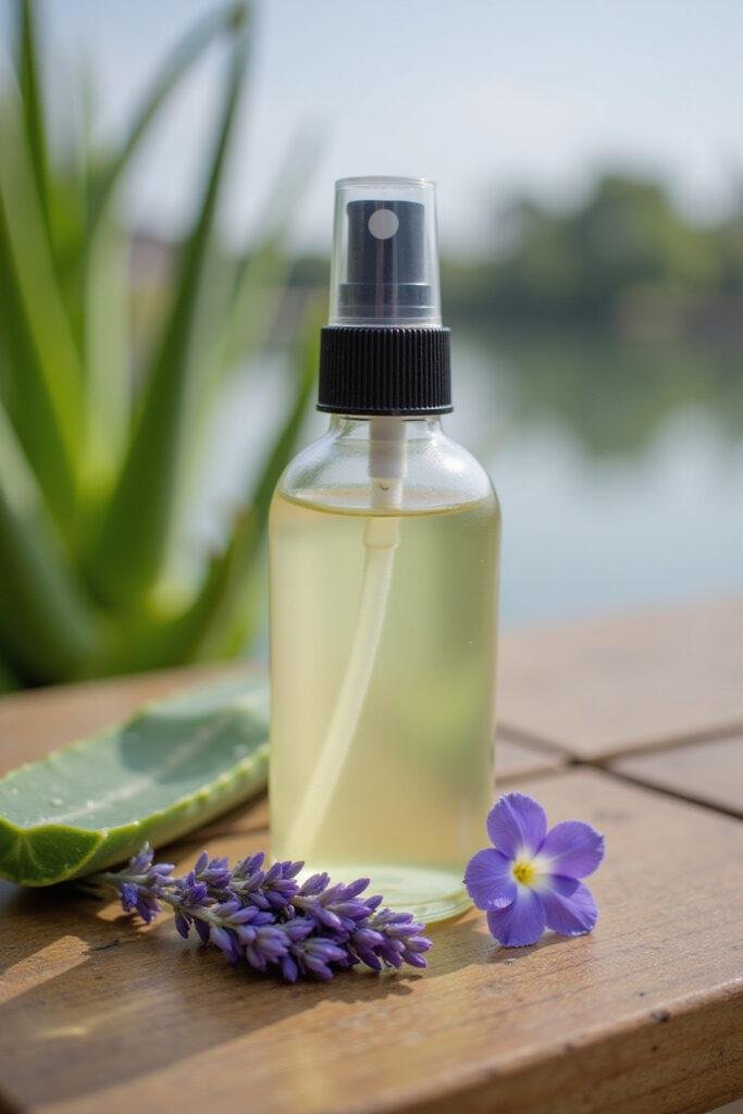 Handheld DIY sunburn relief spray bottle with aloe vera and lavender flowers on wooden table