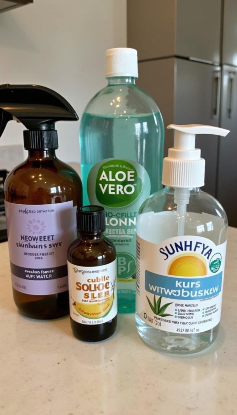 Ingredients for DIY sunburn relief spray, featuring essential oils, aloe vera gel, and spray bottles on a countertop