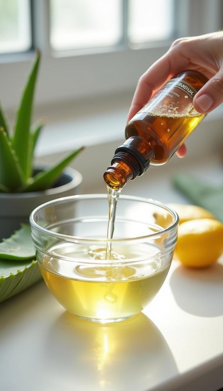 Preparing DIY sunburn relief spray with aloe vera and essential oils in a kitchen setting