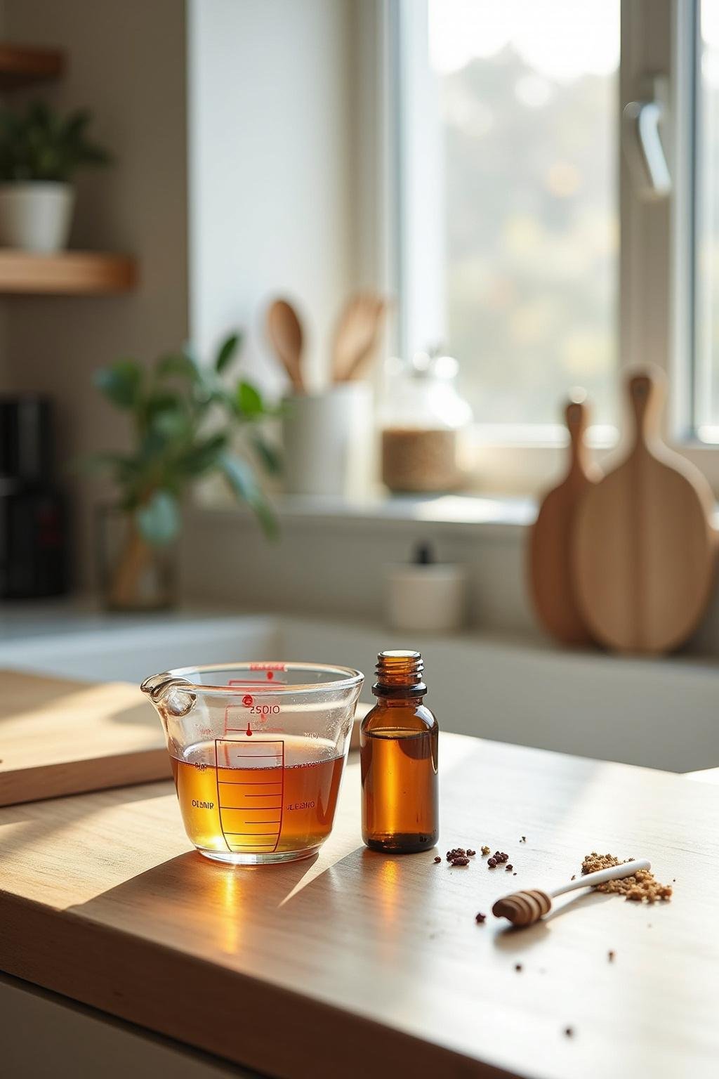 Person measuring essential oils and natural ingredients for making homemade thieves cleaner in a modern kitchen