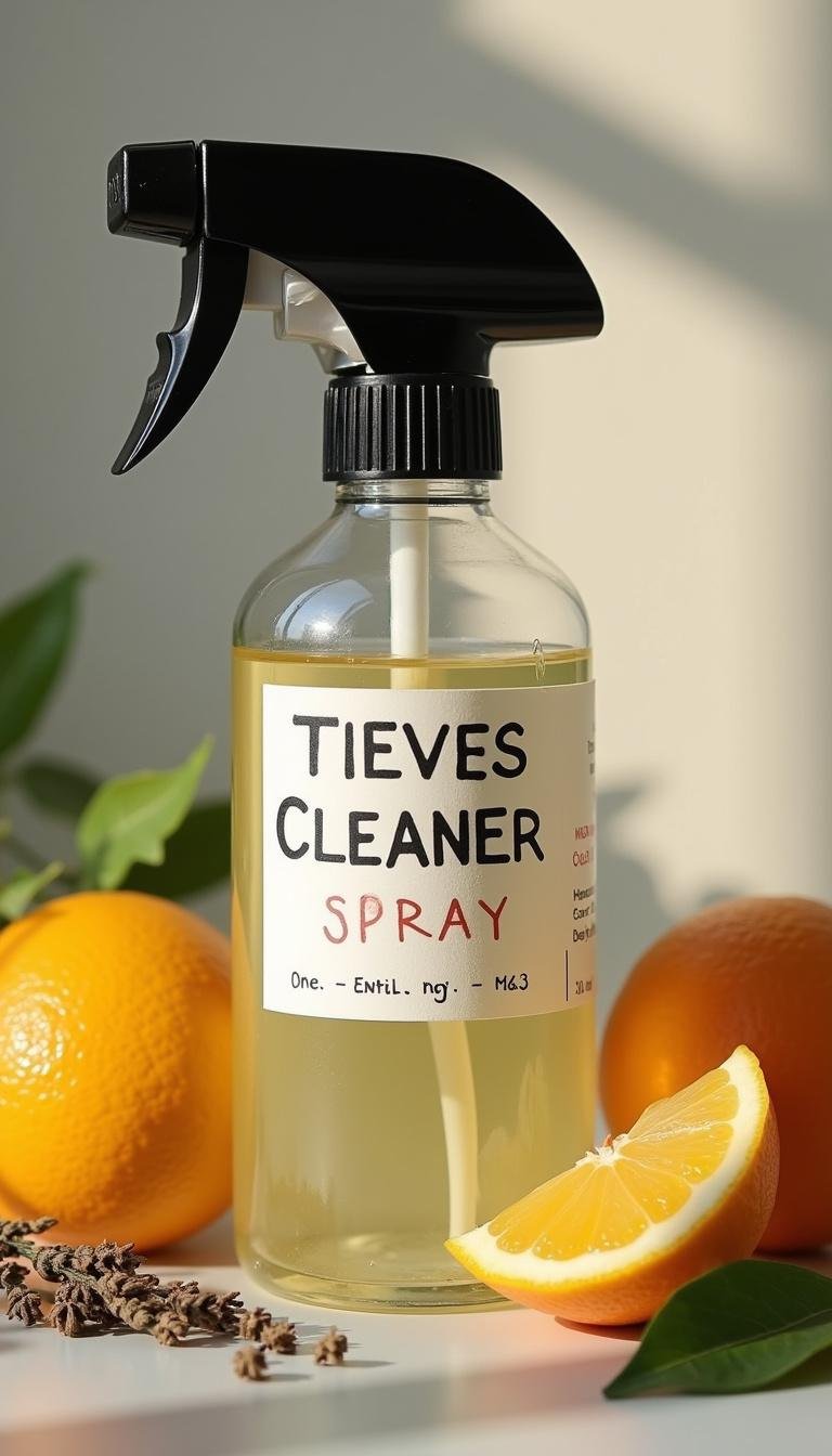 Homemade thieves cleaner spray bottle with natural ingredients displayed around it for eco-friendly cleaning