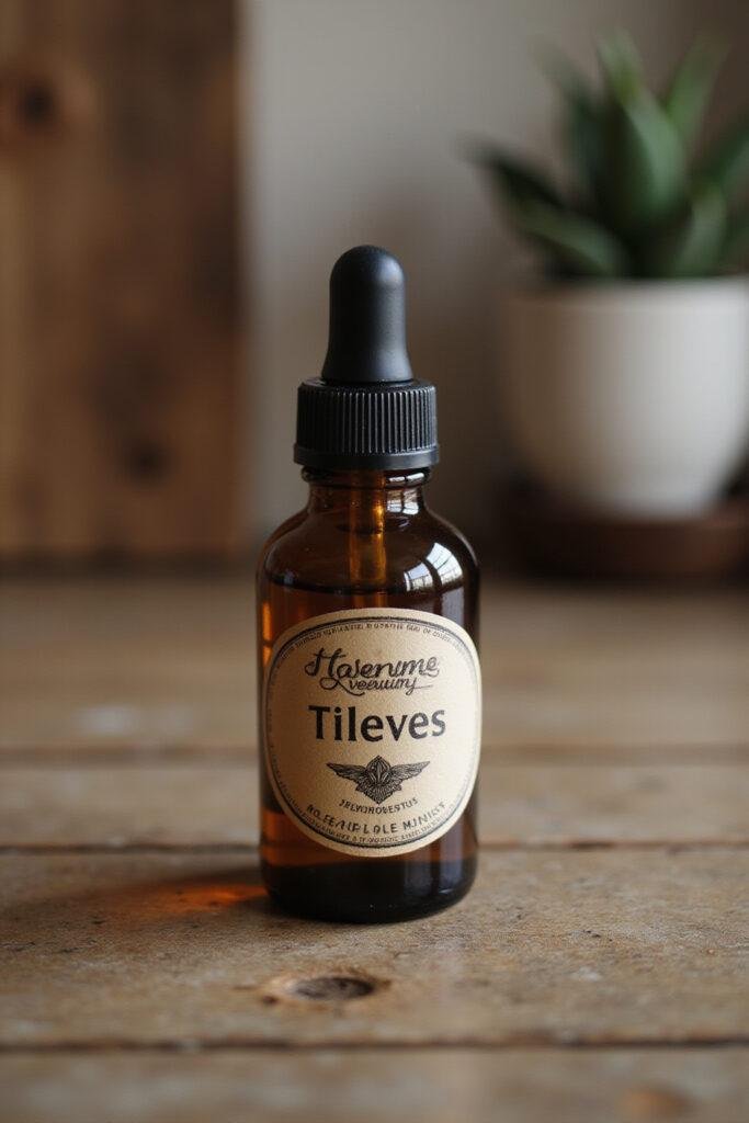 Close-up of a glass dropper bottle containing DIY thieves essential oil on wooden surface