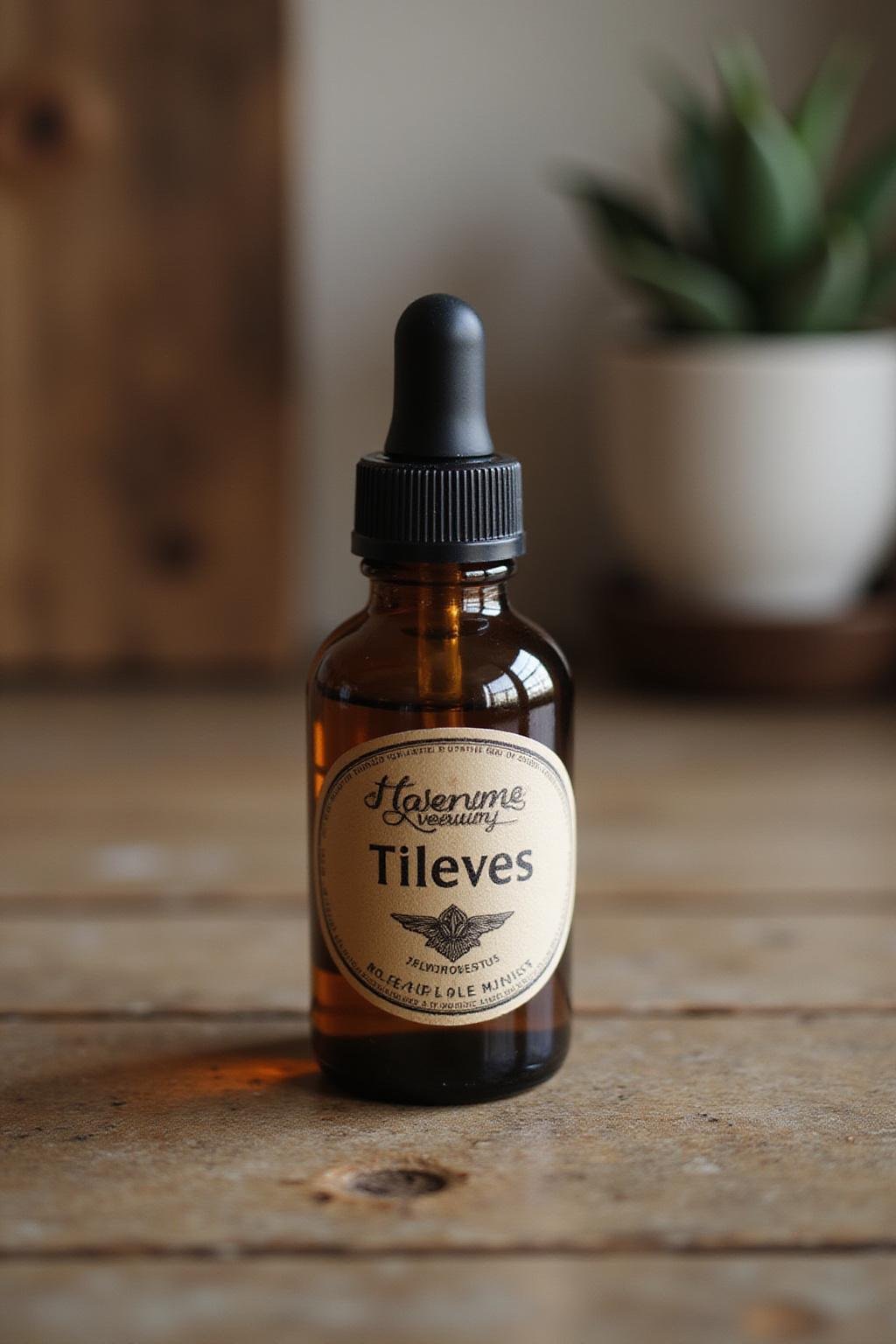 Close-up of a glass dropper bottle containing DIY thieves essential oil on wooden surface