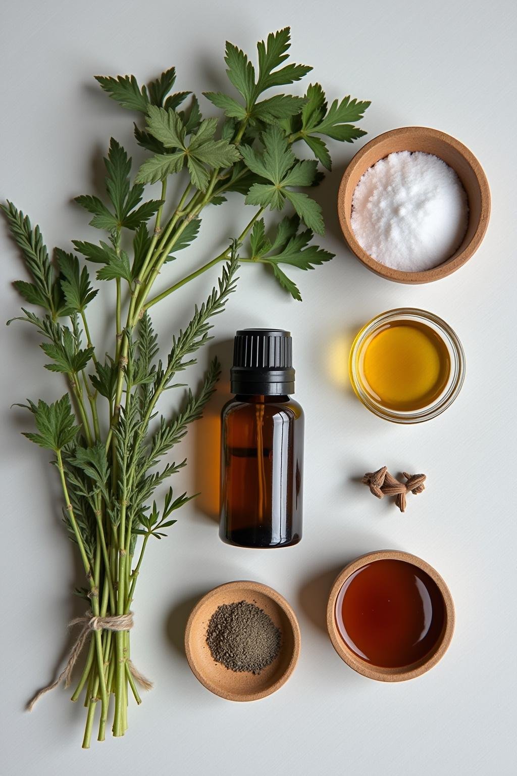 Essential oils, cinnamon sticks, and herbs laid out for homemade thieves oil preparation