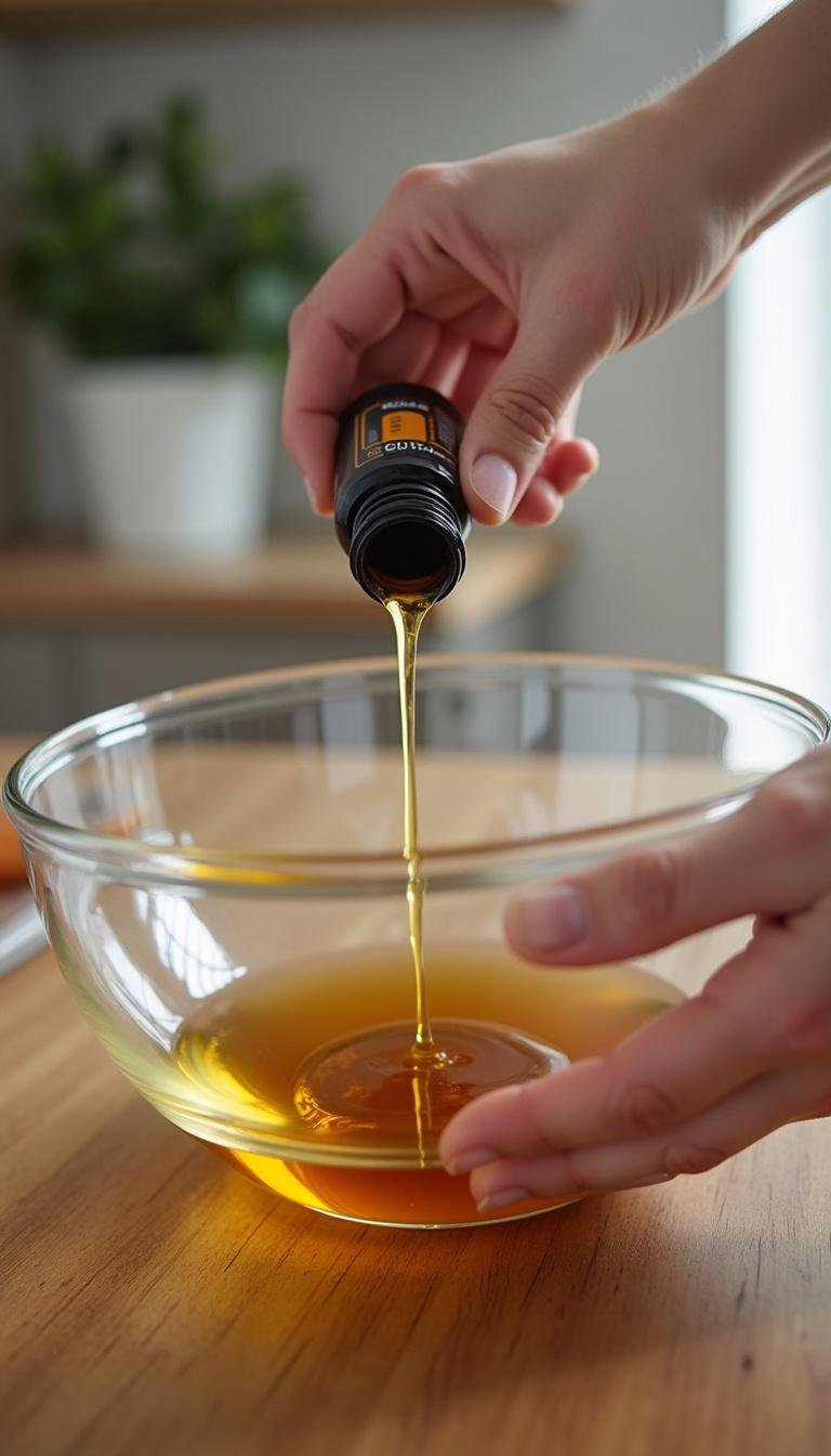 Person blending essential oils in a glass bowl to create homemade thieves oil