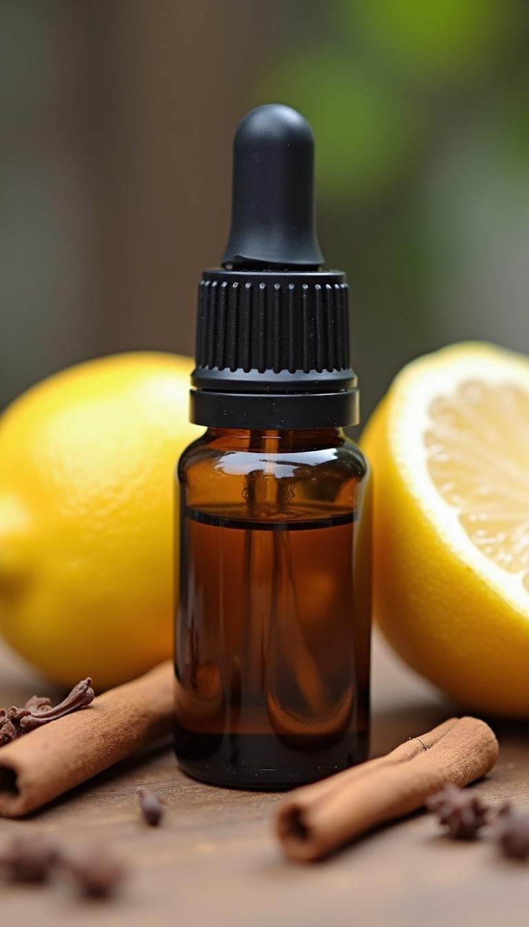 DIY thieves essential oil bottle with fresh lemon slices, cloves, and cinnamon in background