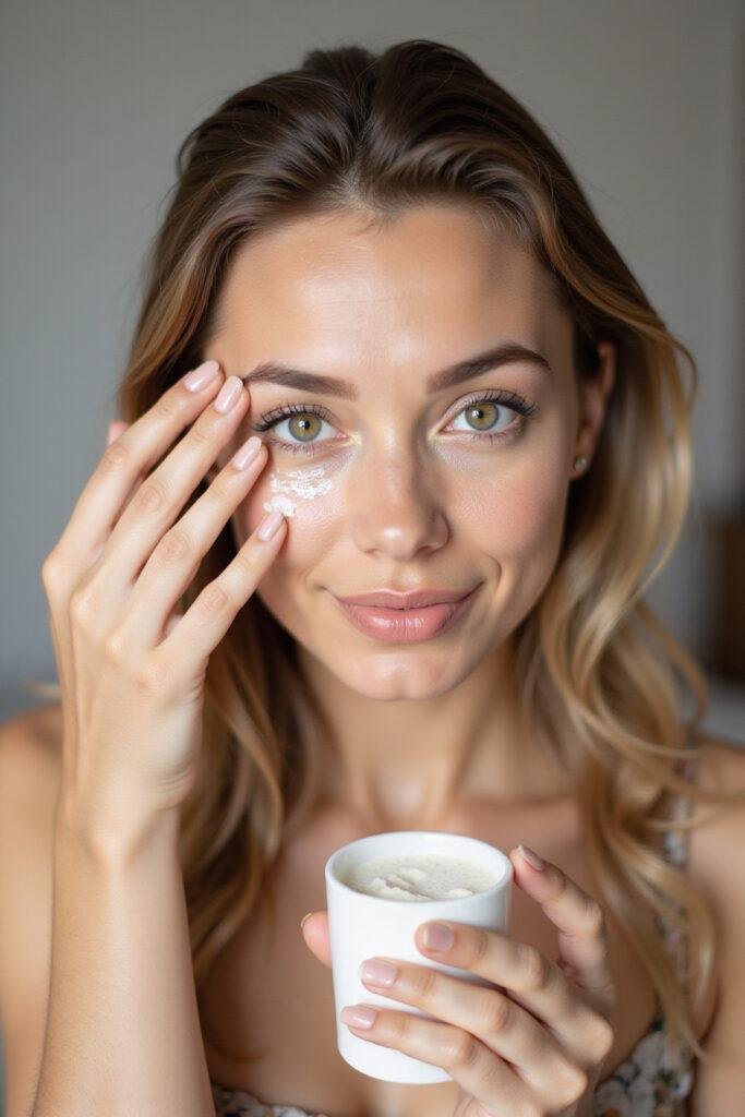 Woman with natural skincare mask under her eyes in a cozy bathroom setting
