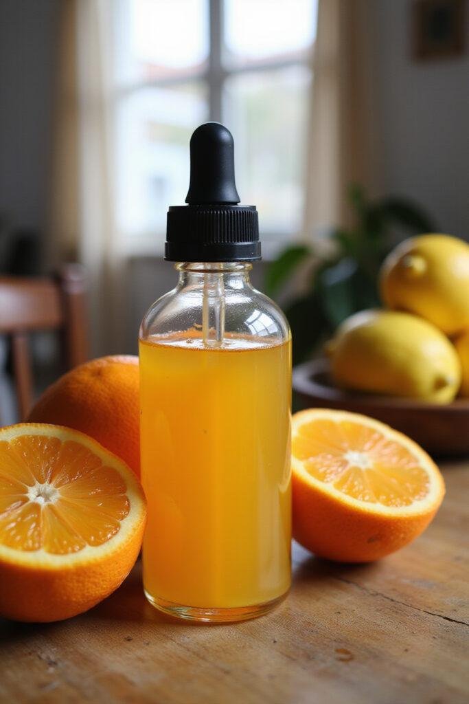 Homemade vitamin C serum in a glass dropper bottle with oranges and lemons on a wooden table