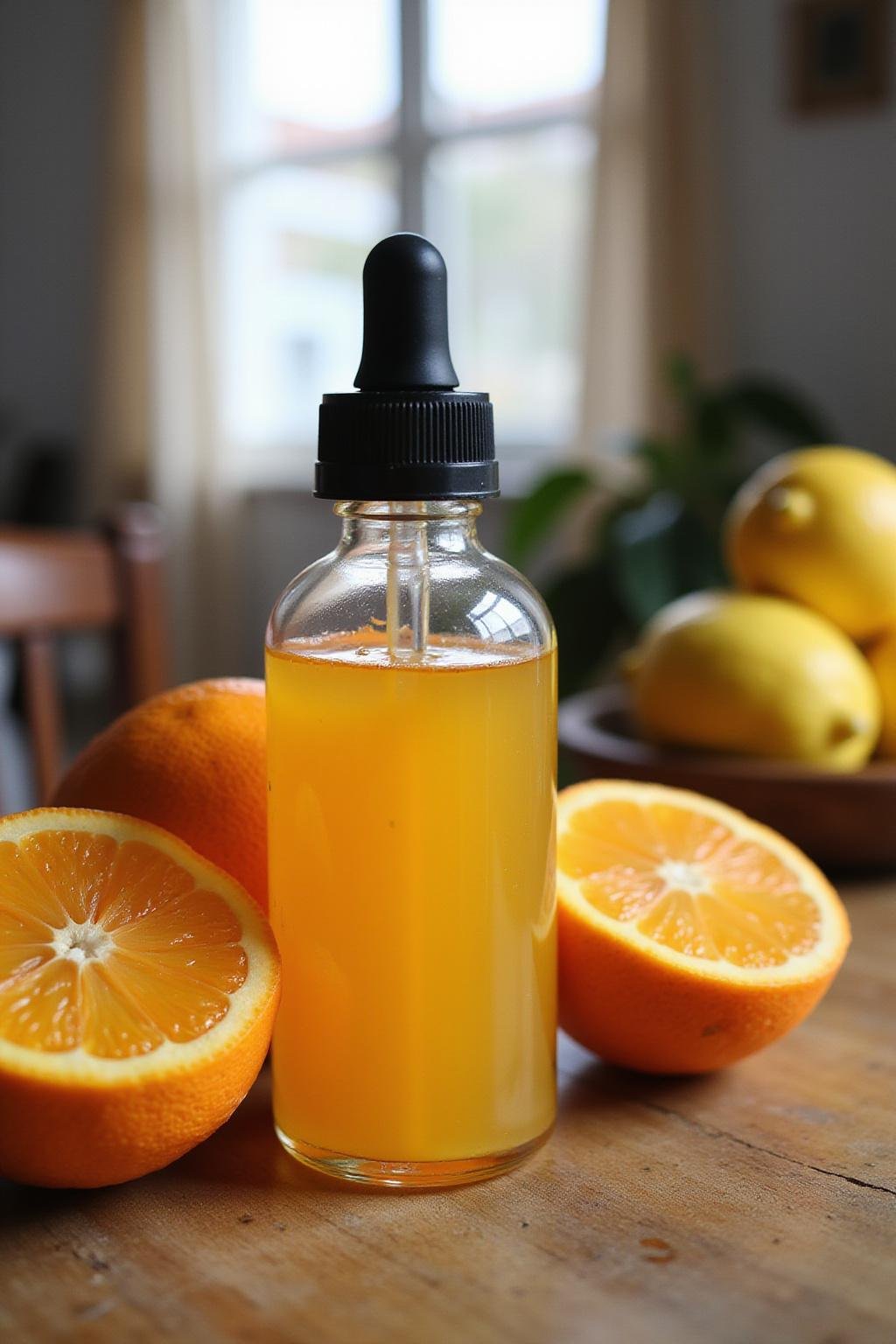 Homemade vitamin C serum in a glass dropper bottle with oranges and lemons on a wooden table