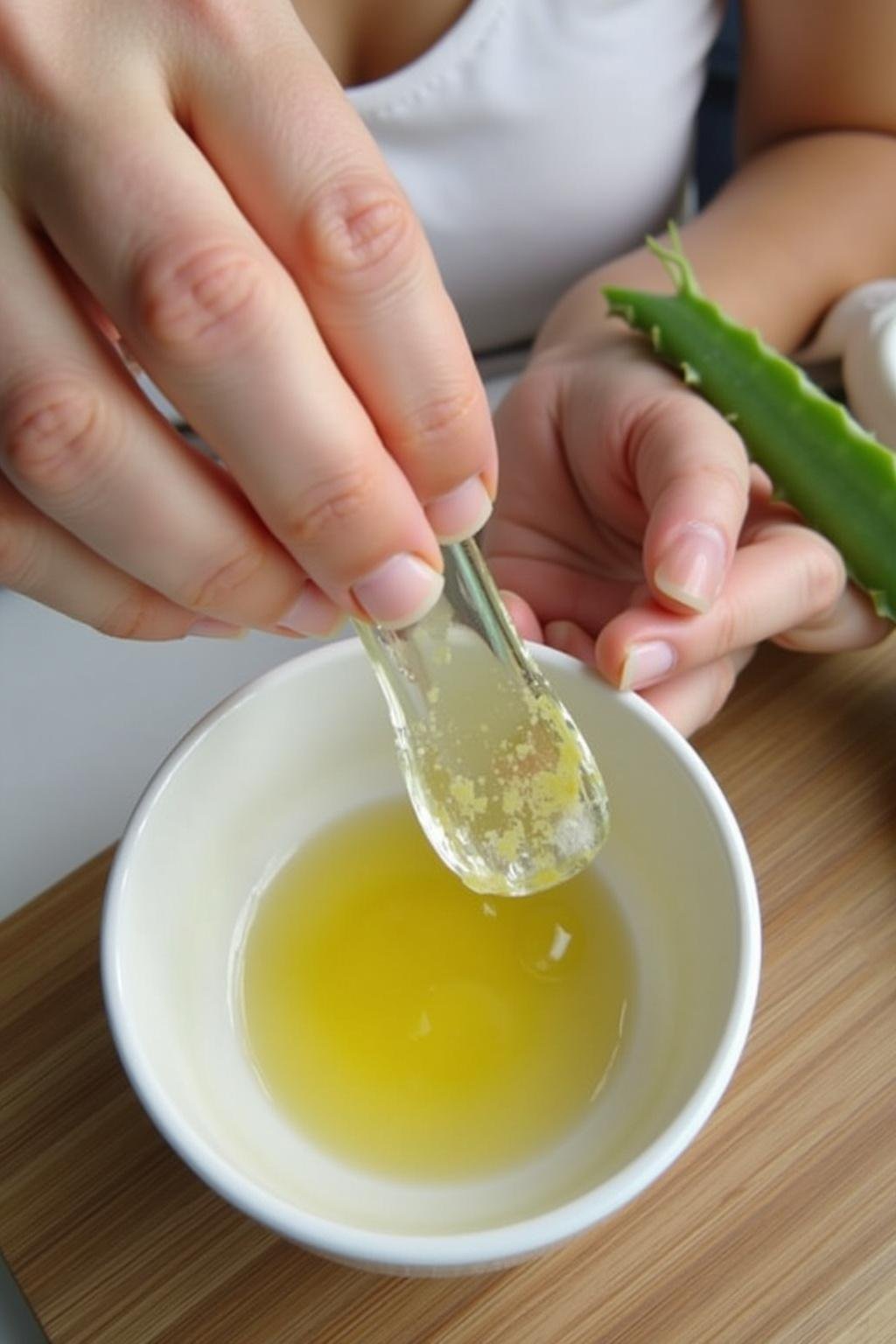 Person preparing DIY vitamin C face serum by mixing natural ingredients in a bowl